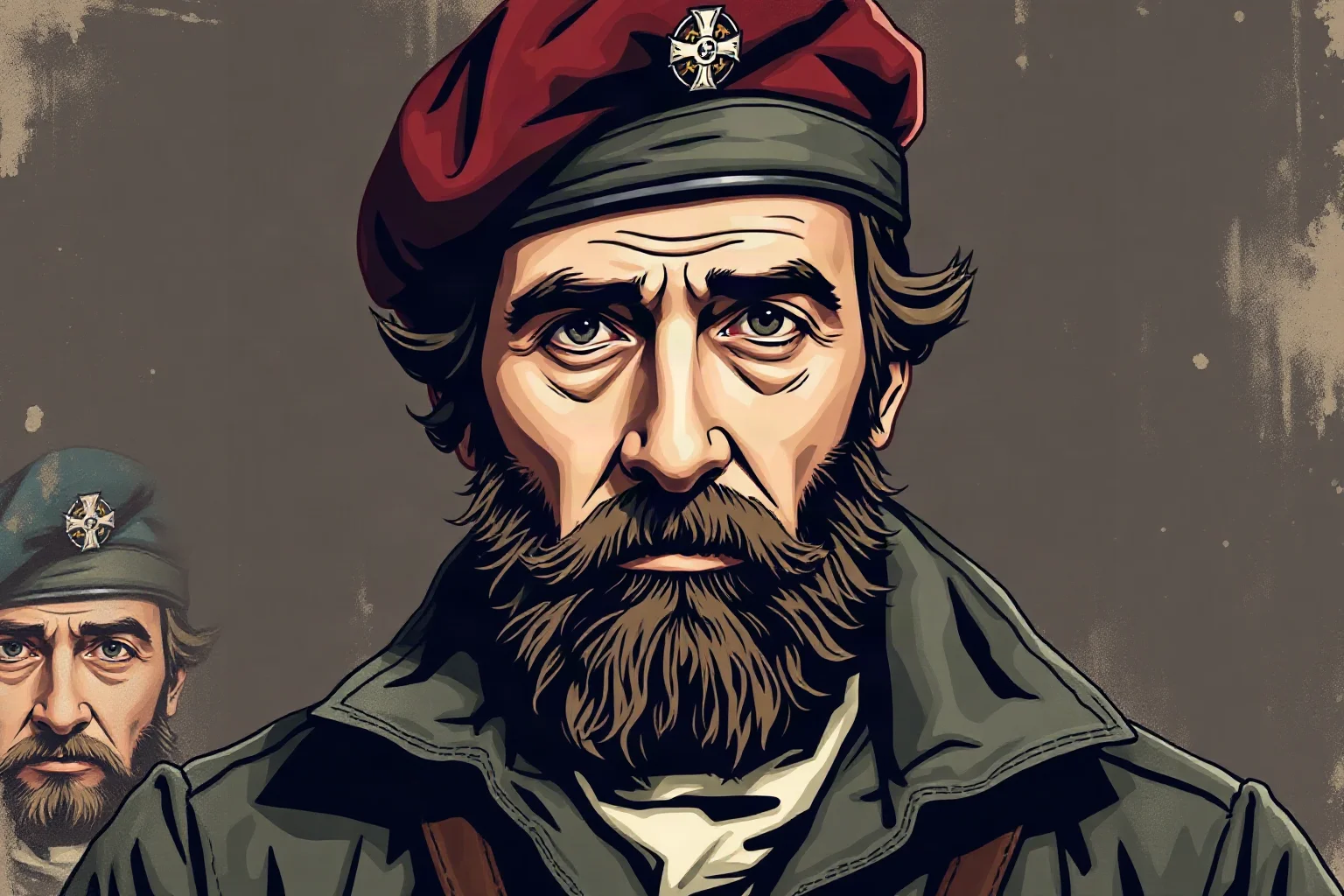 Illustrated historical portrait of a bearded revolutionary figure in military fatigues and beret, faded poster-art style