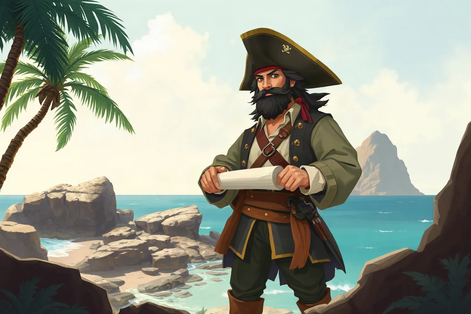 Illustrated Indian Ocean pirate captain standing near a rocky island shoreline holding a rolled parchment, tropical setting, painterly style