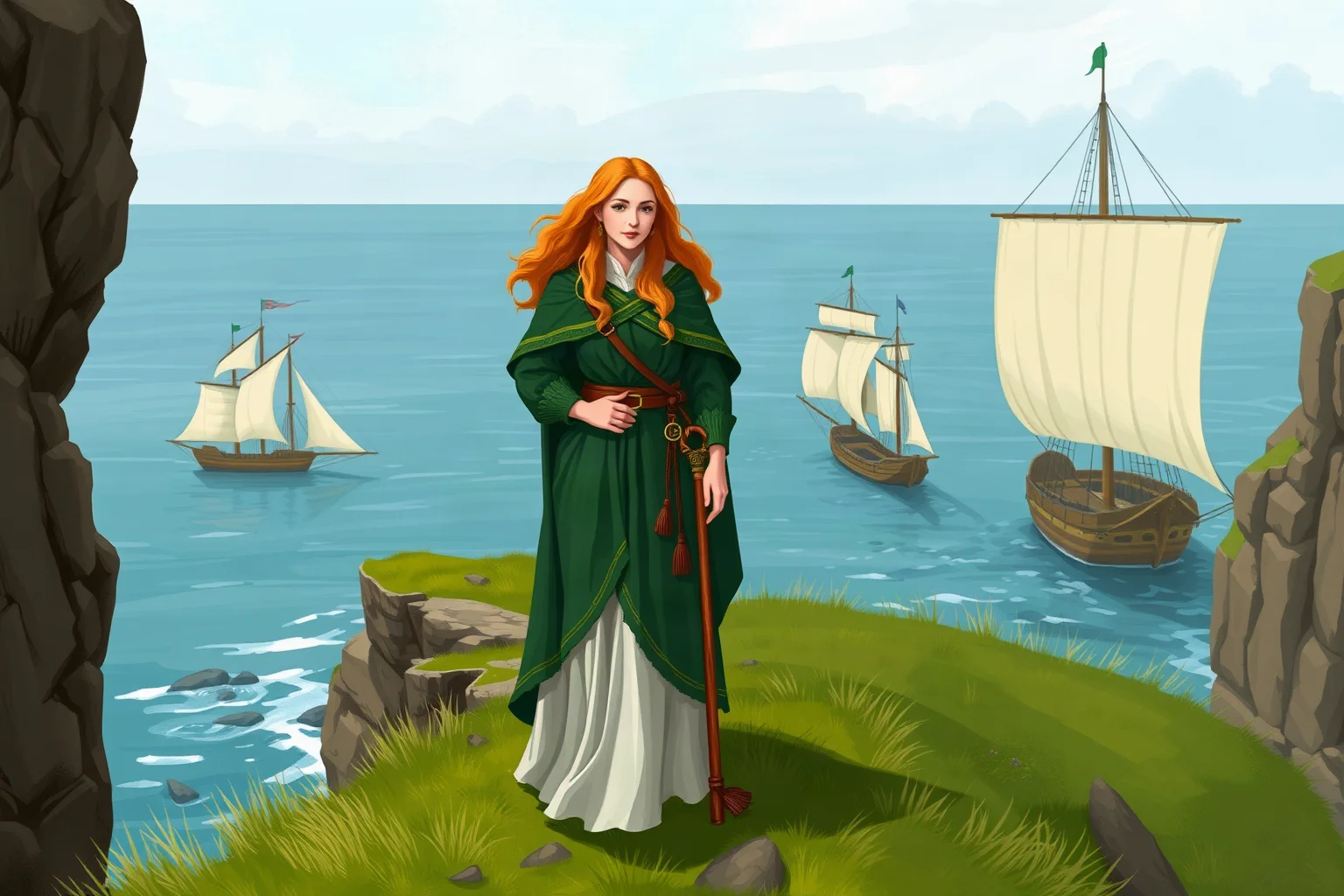 Illustrated Irish clan noblewoman standing on a coastal cliff beside sailing ships, medieval Irish attire, painterly style