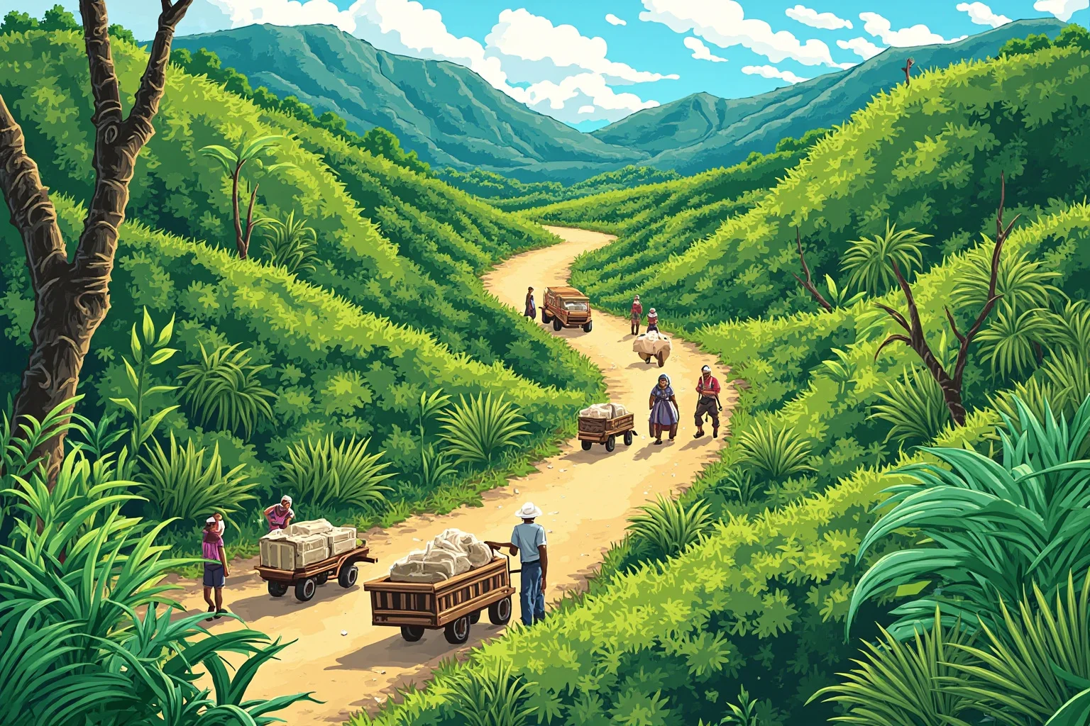 Illustrated jungle trail winding through mountains with small supply carts and workers