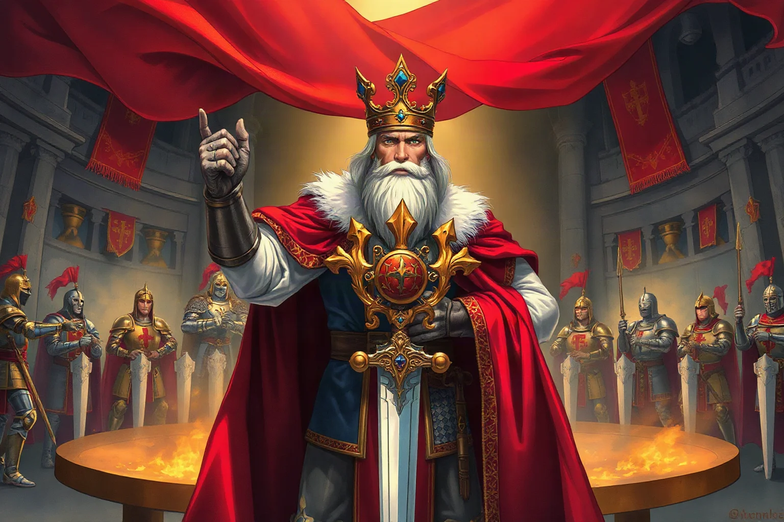 Illustrated legendary medieval king with a jeweled sword standing before a round table of knights, fantasy illustration style