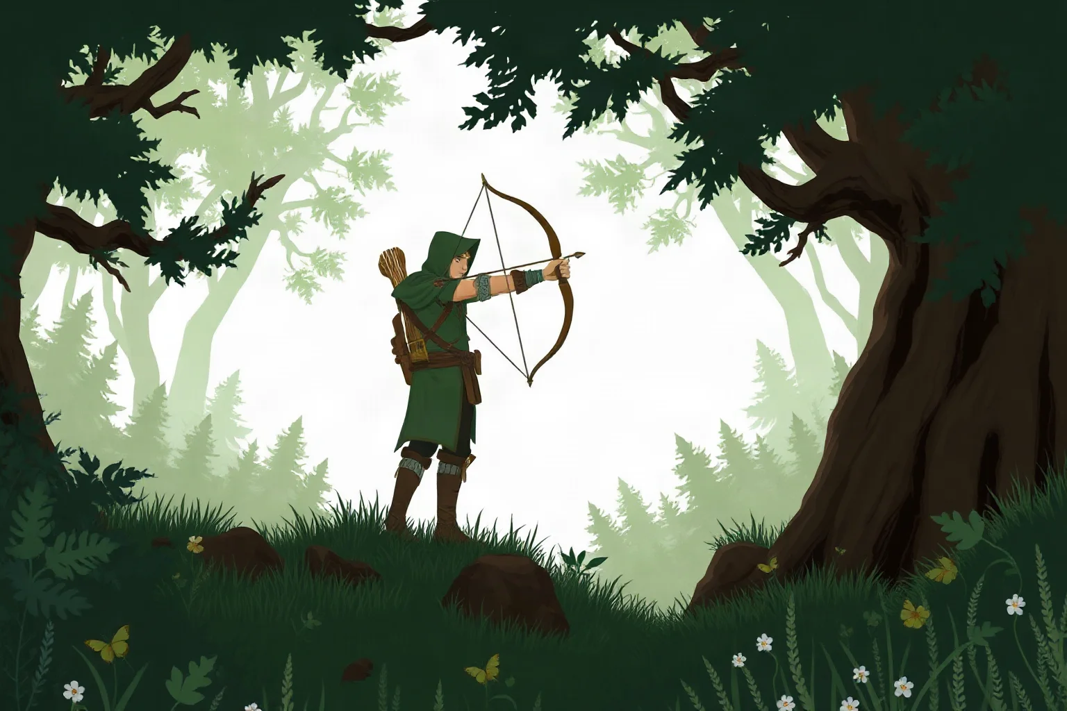 Illustrated legendary outlaw archer in a green hood standing at the edge of a dense medieval forest