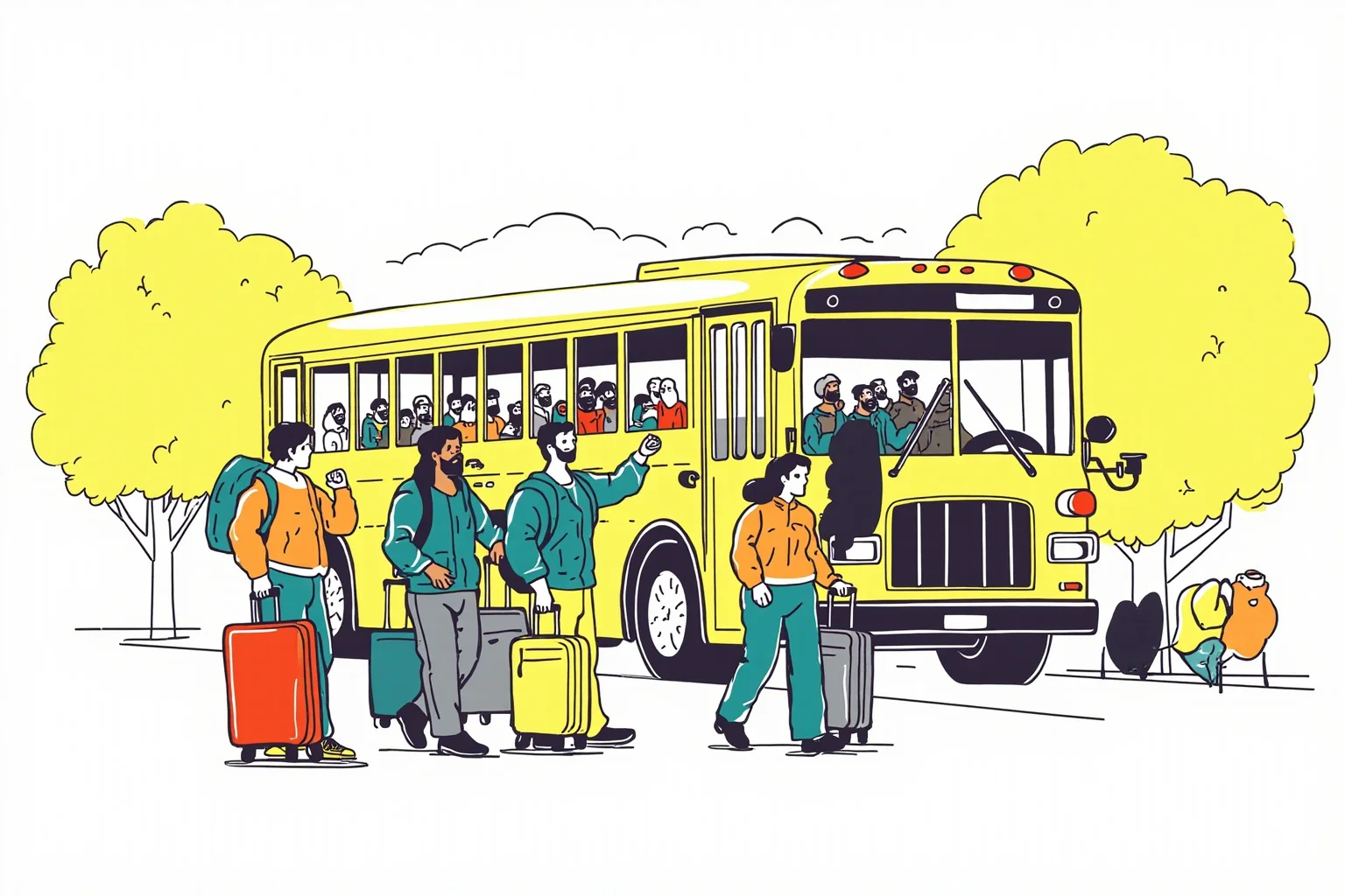 Illustrated line of young recruits boarding a bus, suitcases in hand
