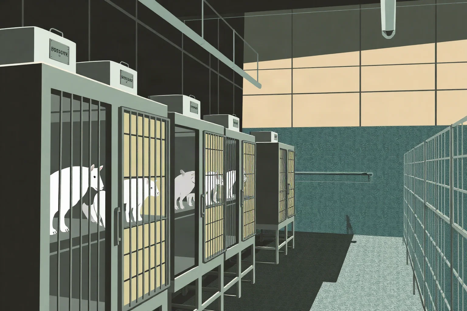 Illustrated line-up of laboratory cages in a 1950s Soviet research facility, symbolizing multiple animal experiments