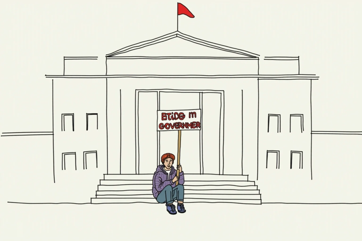 History's Greatest Rebels That Challenged the Status Quo 22 Illustrated lone teenage figure sitting with a protest sign outside a grand government building, minimalist climate-protest theme