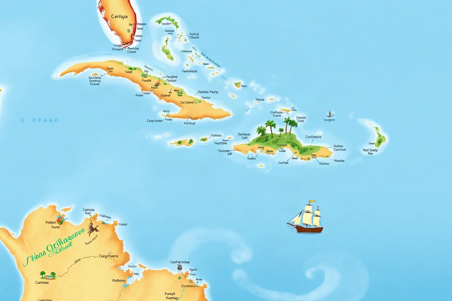 Illustrated map of the Caribbean islands and Central American coastline with a small sailing ship near the shore