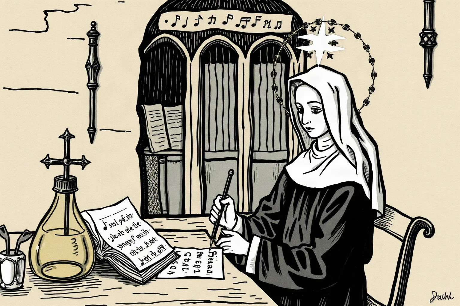 Illustrated medieval abbess in a Benedictine habit writing music notation in a monastery scriptorium