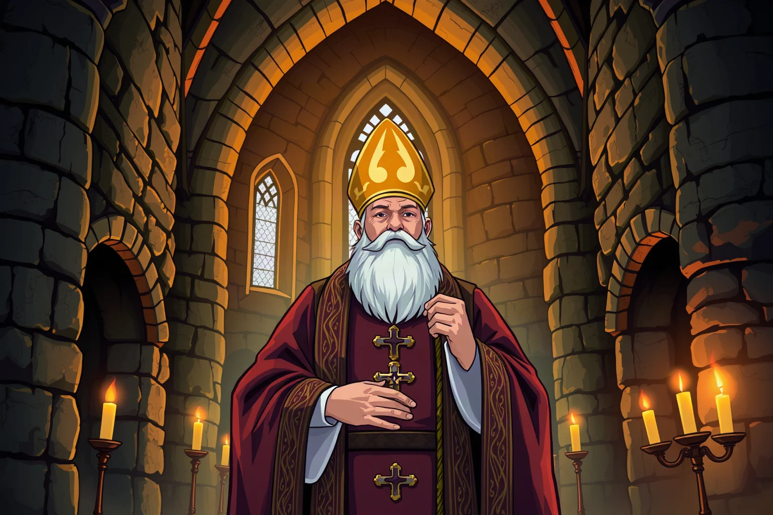 Illustrated medieval archbishop in ceremonial robes inside a stone cathedral, dramatic candlelight, illuminated style