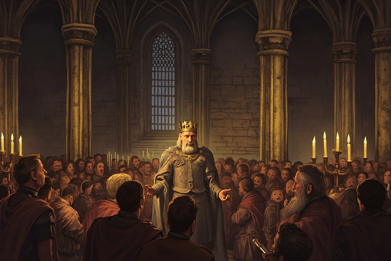 25 Most Memorable Dates in History (And Why They Still Matter) 4 Illustrated medieval coronation scene inside a grand stone cathedral with candlelight and a crowned ruler