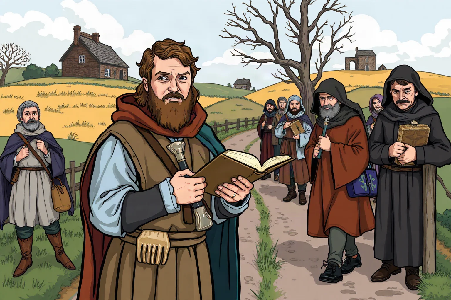 Illustrated medieval English poet in period clothing surrounded by pilgrims on a country road