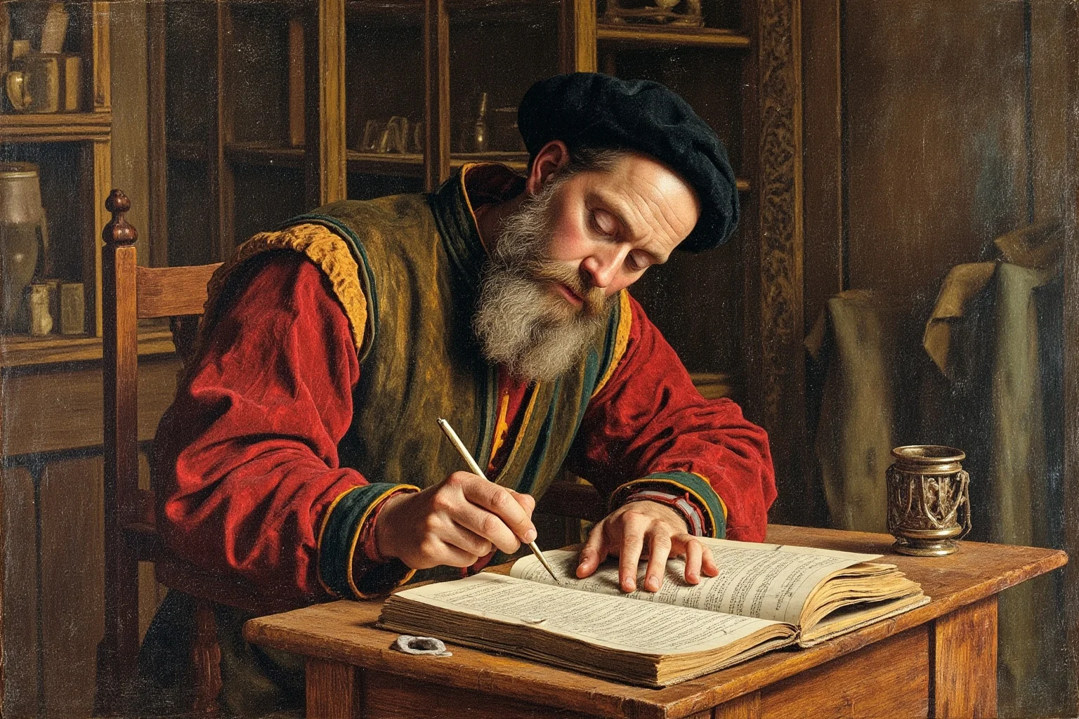 25 Vintage Baby Names Inspired by Historical Figures 8 Illustrated medieval English writer at a wooden desk with a quill and manuscript, 14th-century study