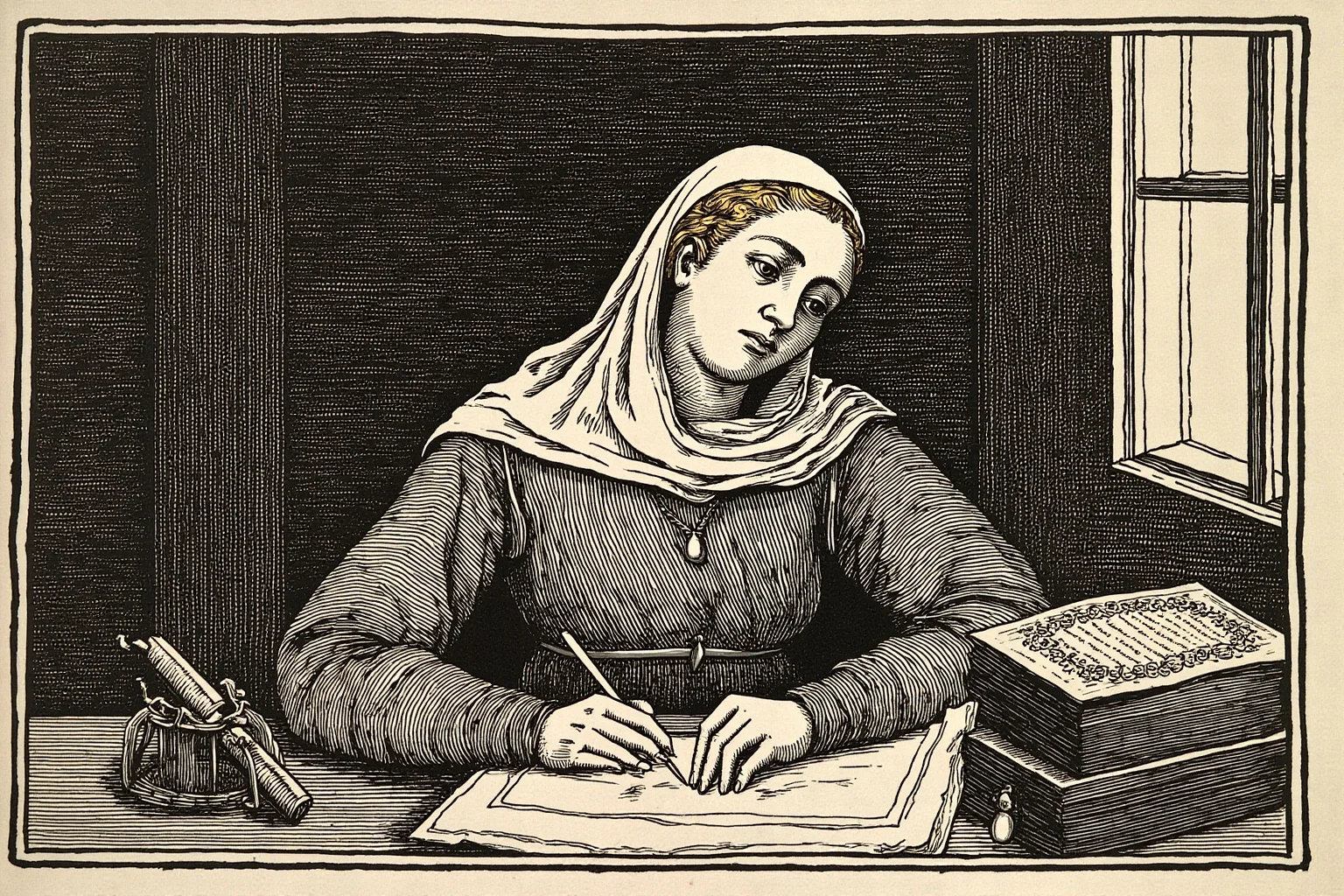 25 Vintage Baby Names Inspired by Historical Figures 25 Illustrated medieval European female writer at a writing desk surrounded by books, 14th-century study