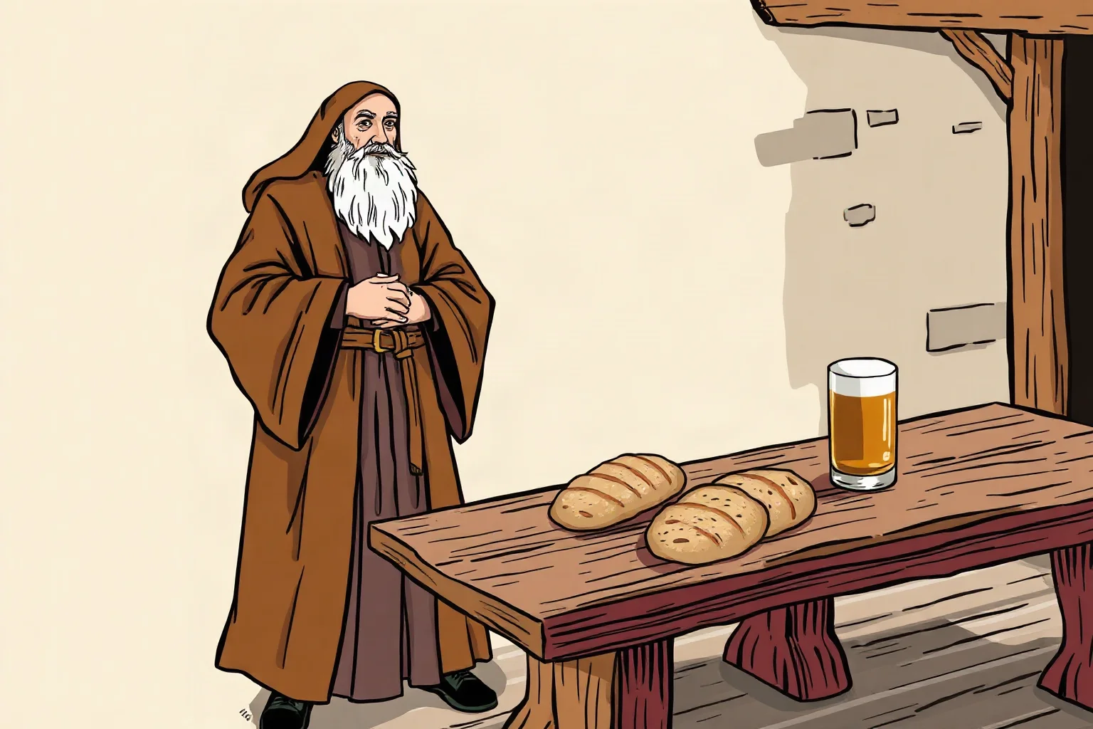 Illustrated medieval friar figure in brown robes standing beside a rustic wooden table with bread and ale