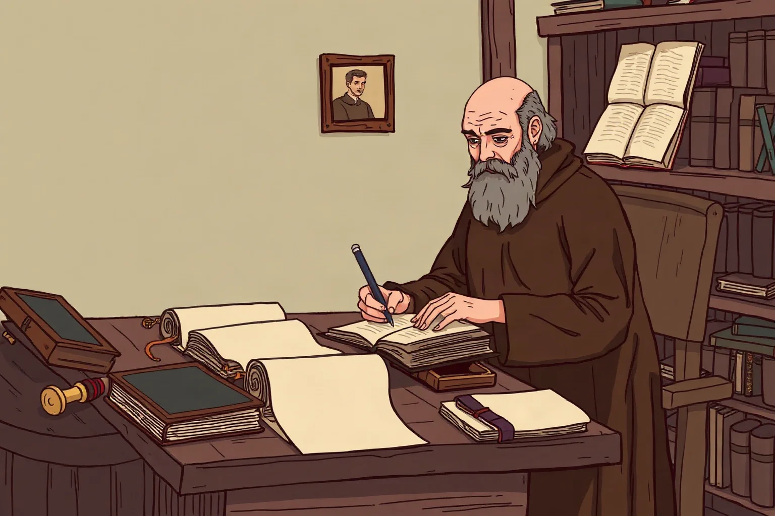 Illustrated medieval friar in monk's robes writing at a wooden desk surrounded by scrolls and books