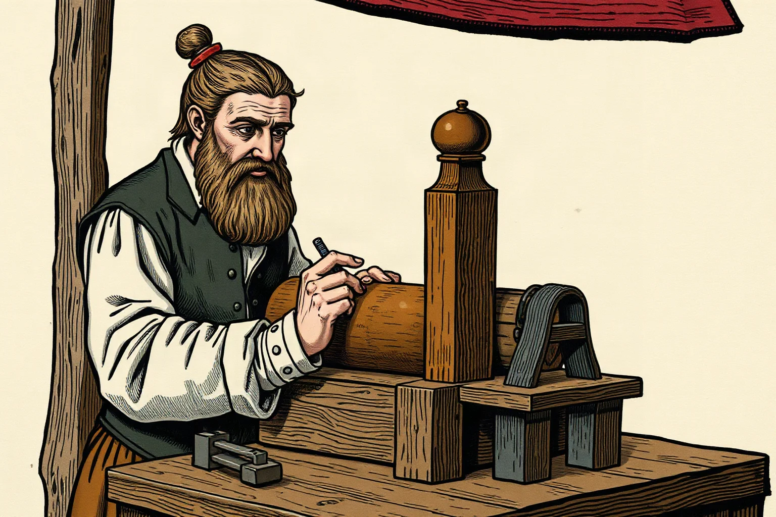 Illustrated medieval German inventor examining a wooden printing press with metal type