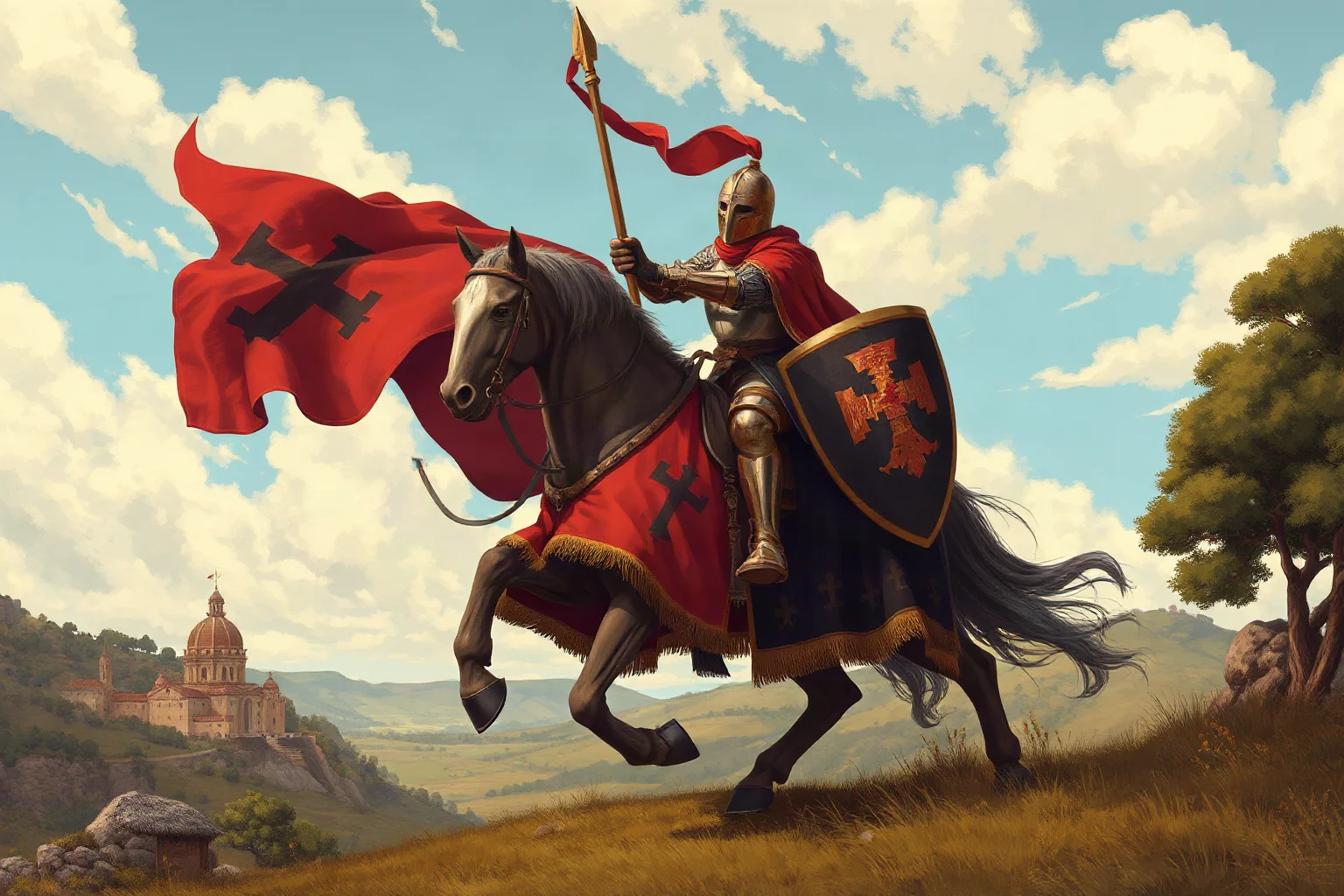 Illustrated medieval Iberian knight in period armor riding through a Castilian landscape