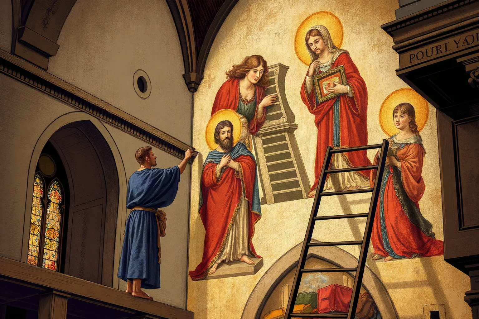 Illustrated medieval Italian painter working on a large fresco of a chapel wall with scaffolding