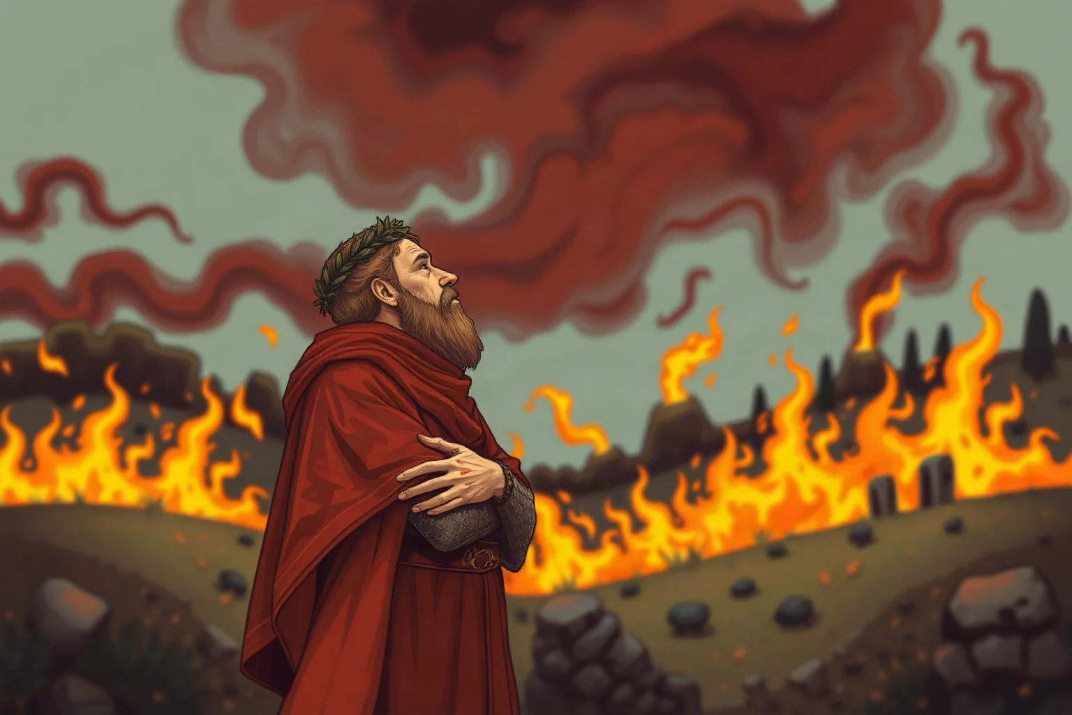 Illustrated medieval Italian poet in a red robe and laurel wreath standing before a fiery, symbolic landscape