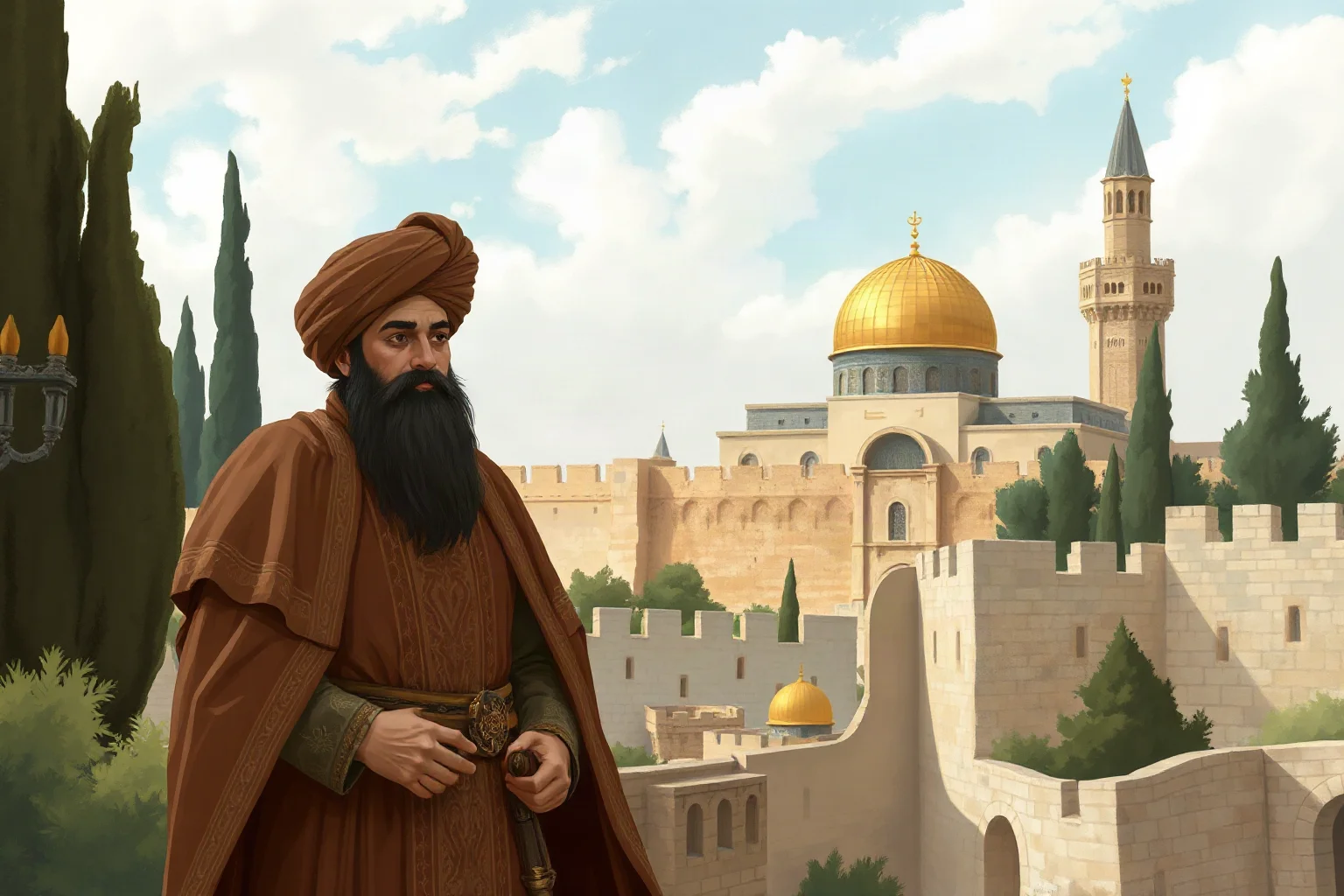 Illustrated medieval Muslim sultan in ornate robes and turban standing before Jerusalem's walls, historical illustration style