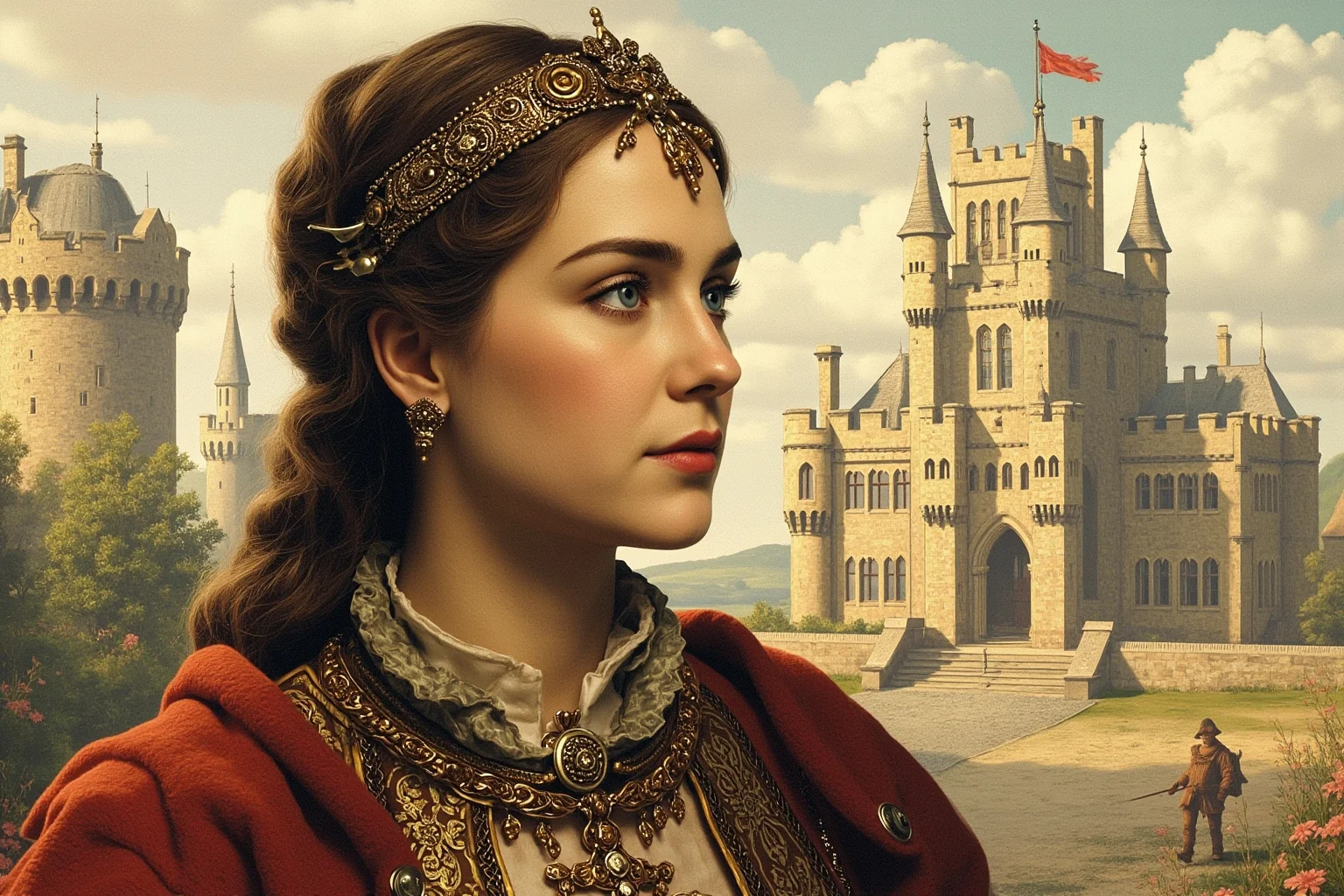 25 Vintage Baby Names Inspired by Historical Figures 7 Illustrated medieval noblewoman in armor-influenced medieval dress, 12th-century English castle background