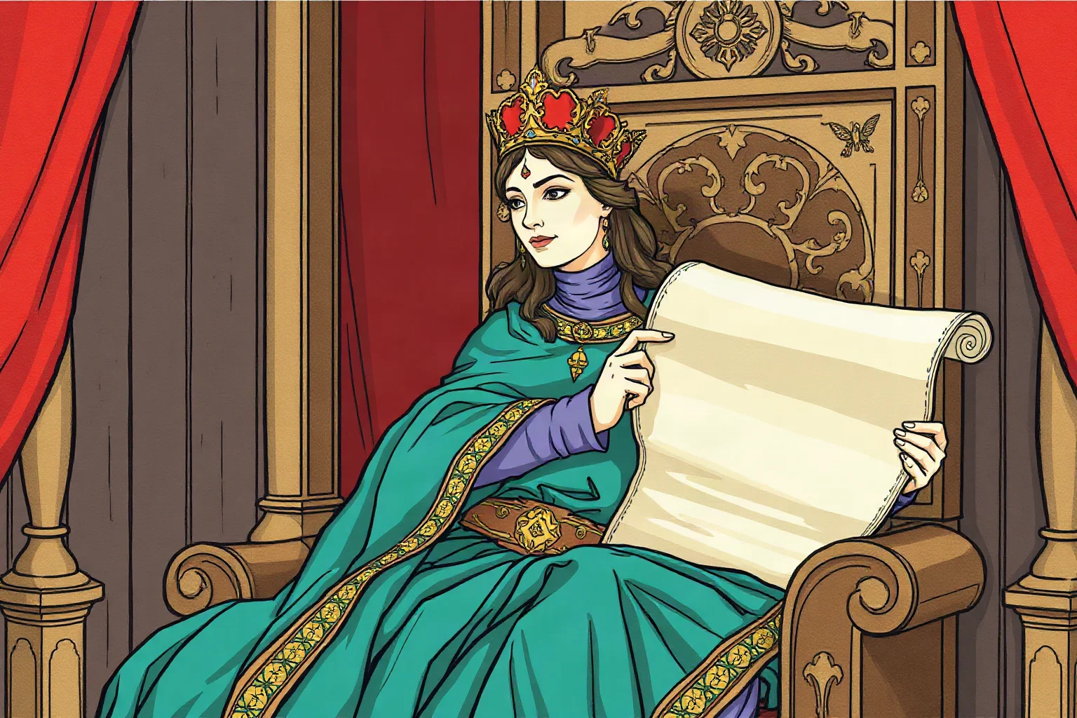 Illustrated medieval noblewoman in elegant royal robes seated on a throne holding a scroll, illuminated manuscript style