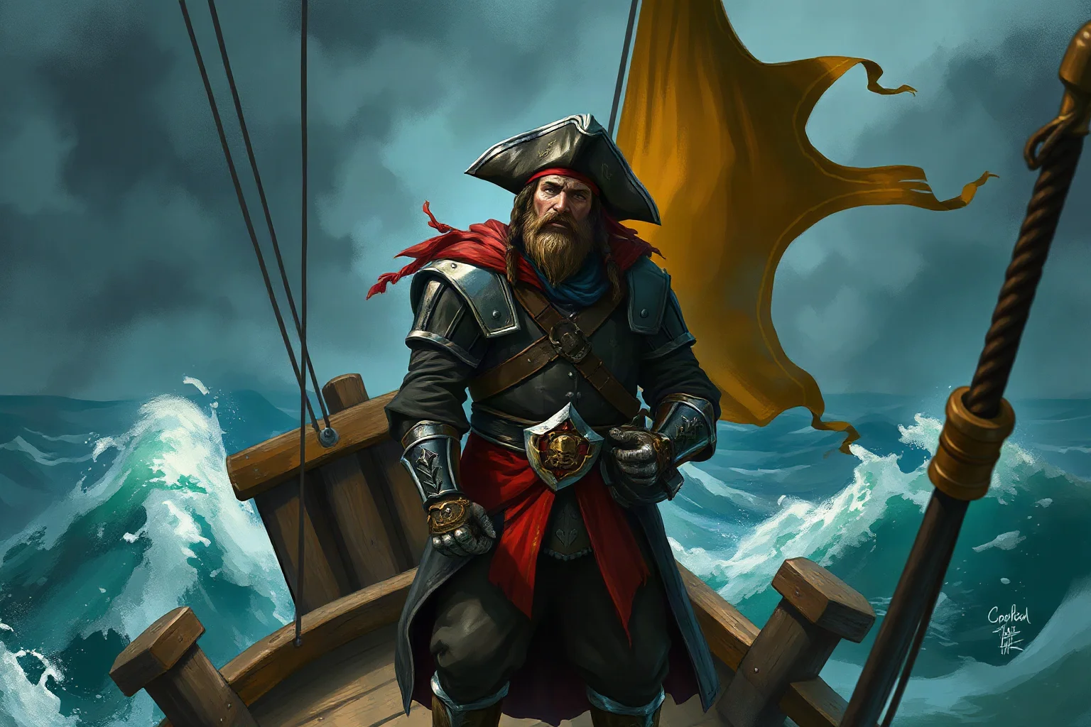 Illustrated medieval pirate leader with Baltic-style armor standing on a wooden longship deck, stormy sea, painterly style