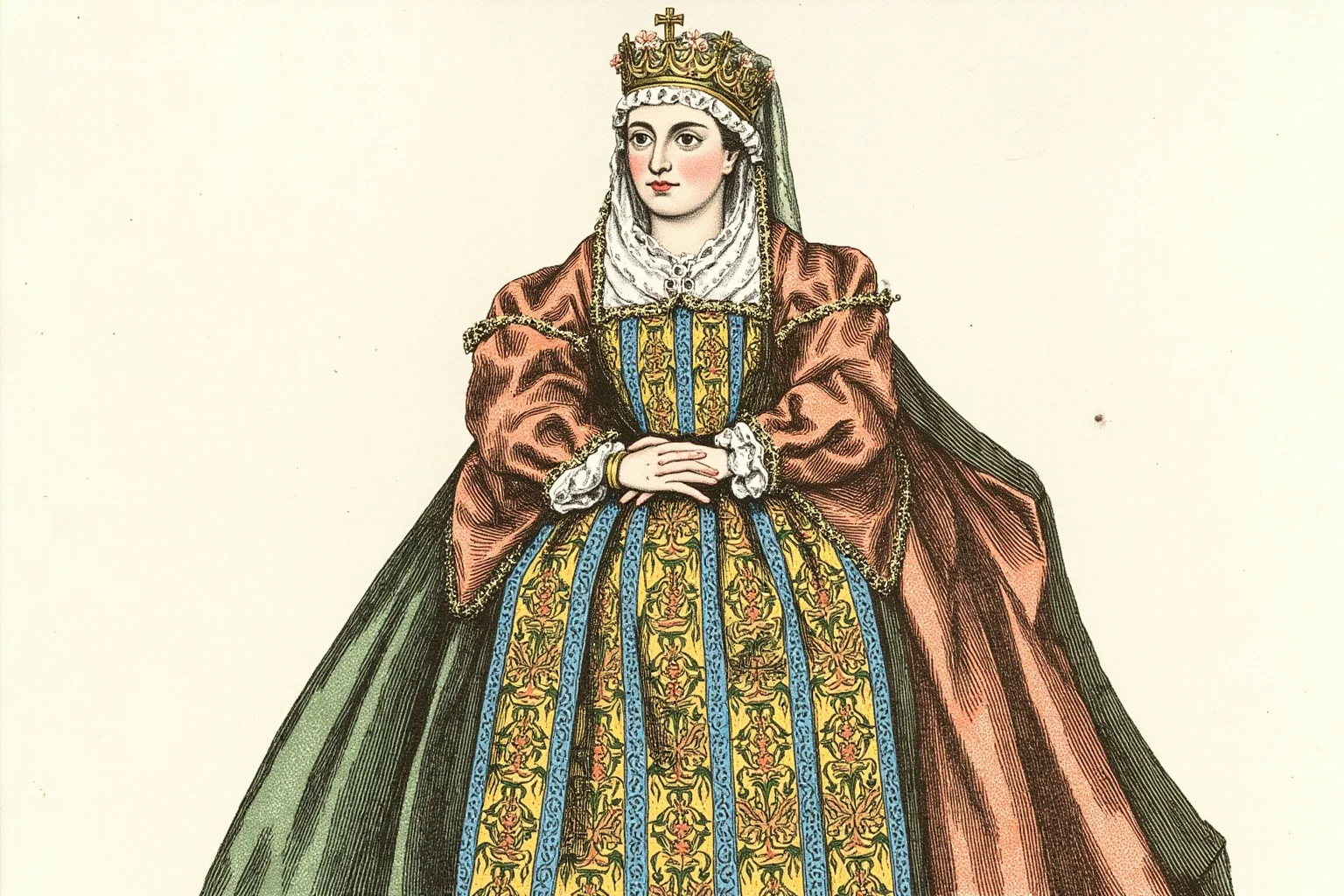 25 Vintage Baby Names Inspired by Historical Figures 9 Illustrated medieval queen consort in elaborate 14th-century French royal gown