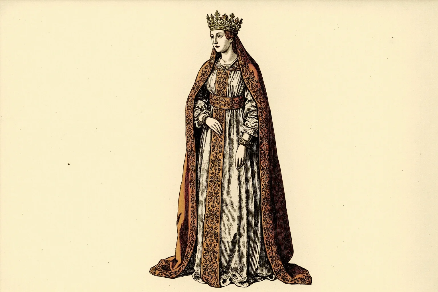 25 Vintage Baby Names Inspired by Historical Figures 6 Illustrated medieval queen in royal medieval gown and crown, 12th-century European court style
