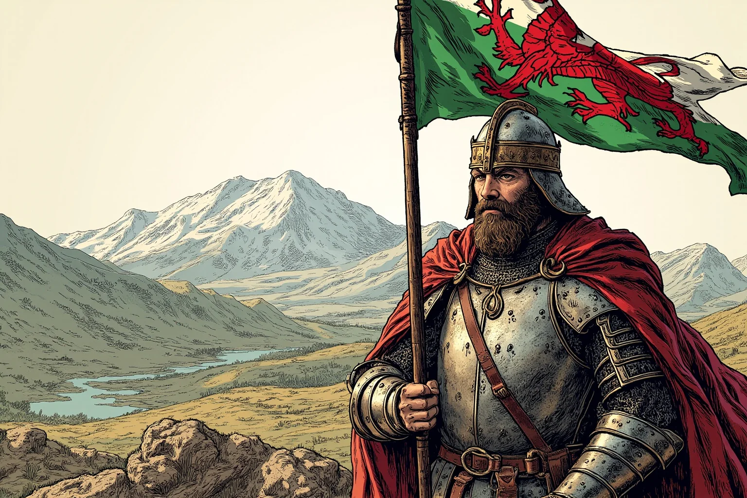25 Vintage Baby Names Inspired by Historical Figures 26 Illustrated medieval Welsh warrior leader in armor holding a banner, mountainous Welsh landscape background