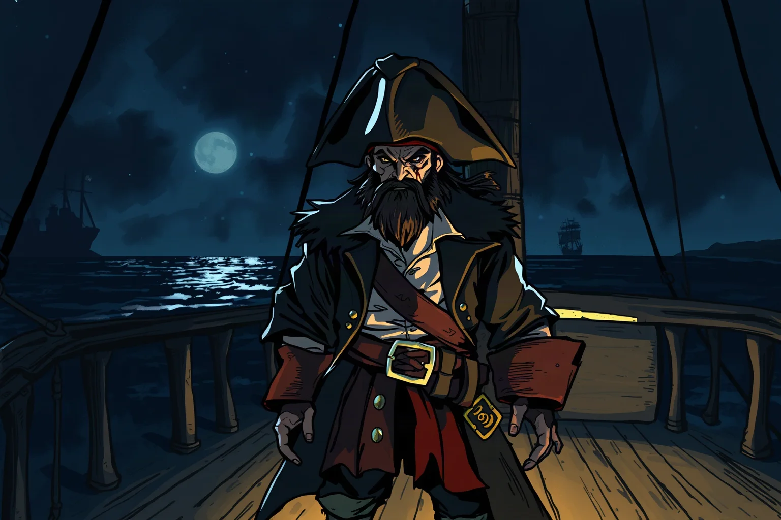 Illustrated menacing pirate captain with a scarred face standing in shadow on a ship deck at night, painterly style