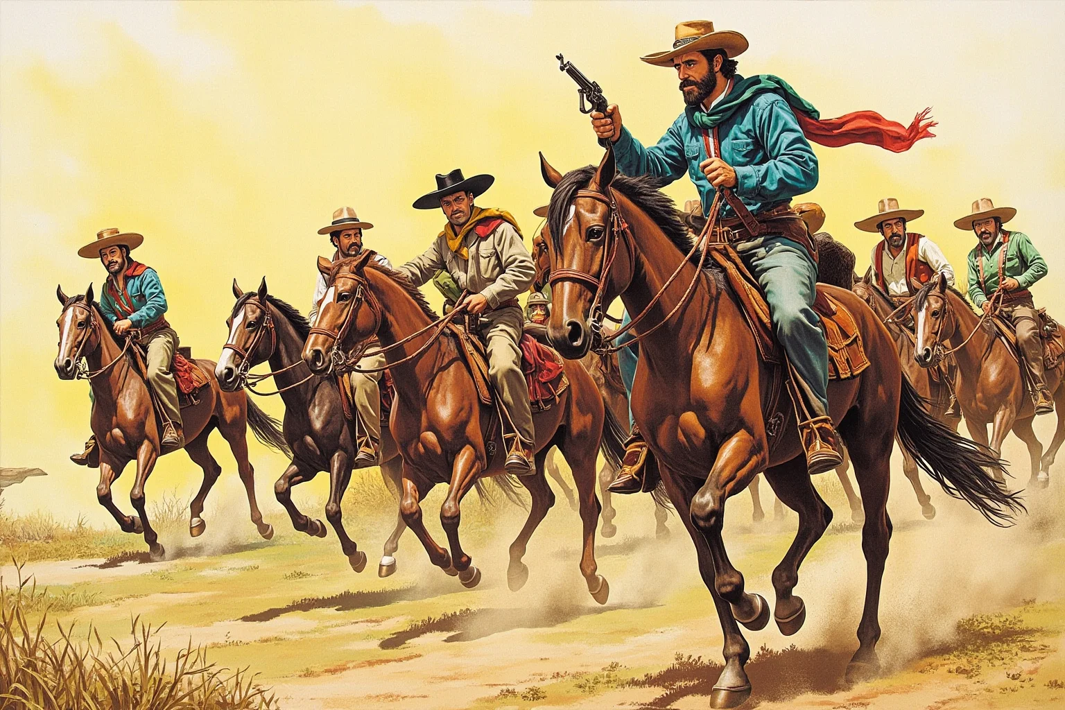 History's Greatest Rebels That Challenged the Status Quo 12 Illustrated Mexican revolutionary leader on horseback with rural fighters, wide-brimmed hats, dusty countryside, stylized art