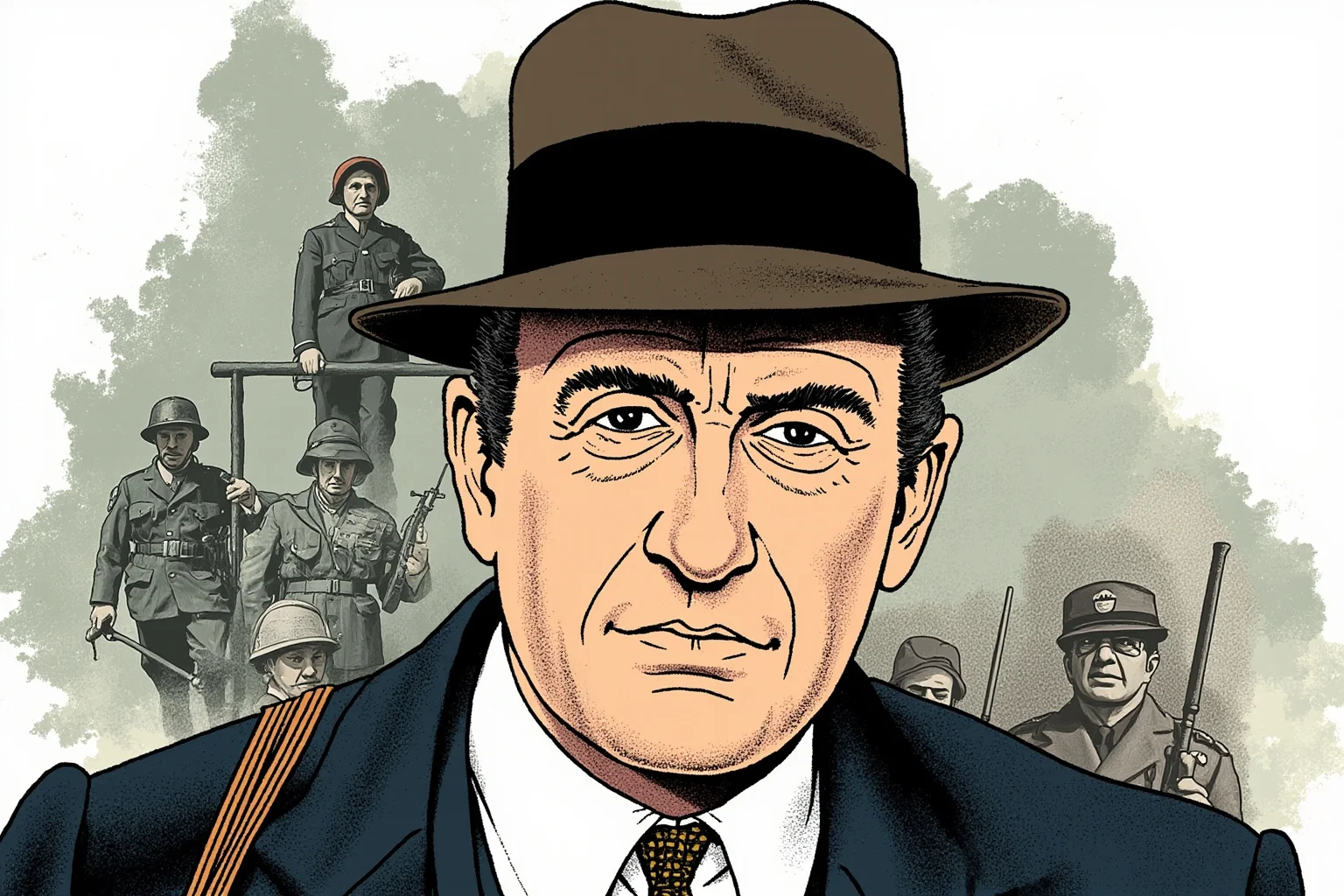 25 Vintage Baby Names Inspired by Historical Figures 18 Illustrated mid-20th-century British statesman in suit and hat, wartime London backdrop