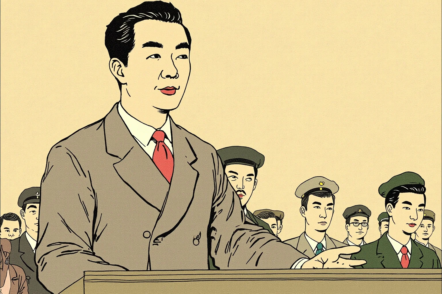 Illustrated mid-20th-century Chinese statesman in a plain buttoned suit addressing an assembly hall