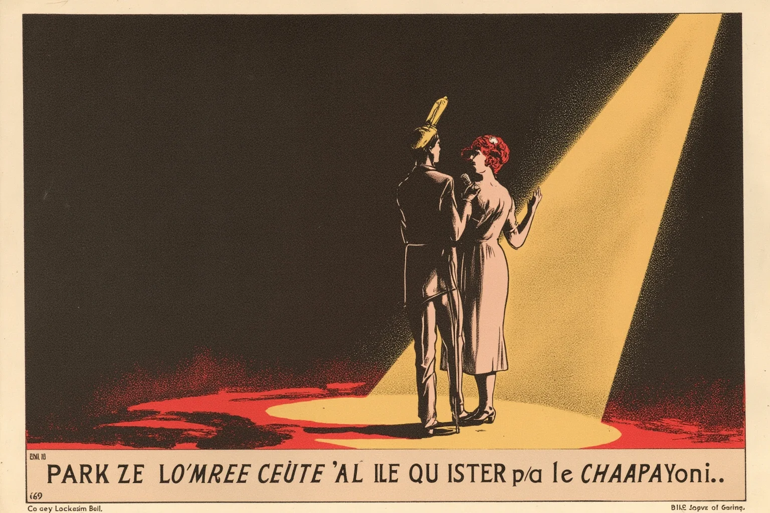 Illustrated mid-20th-century French cabaret singer performing on a small stage under a spotlight