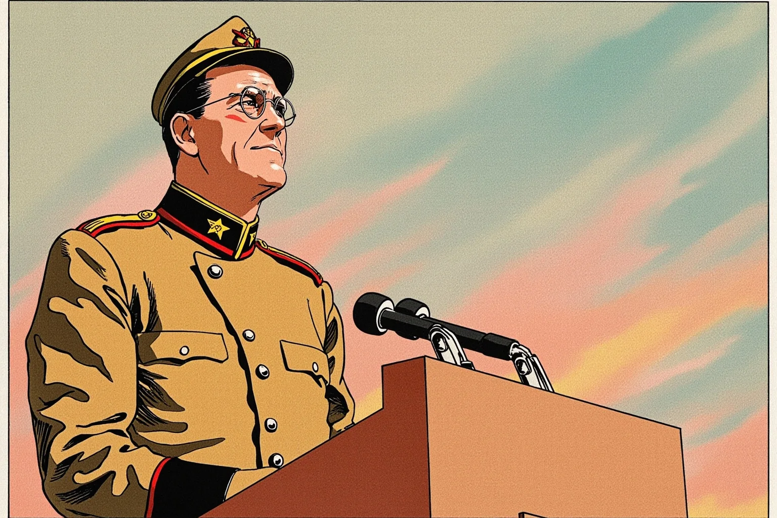 Illustrated mid-20th-century political leader in a military-style coat standing on a raised podium for a speech