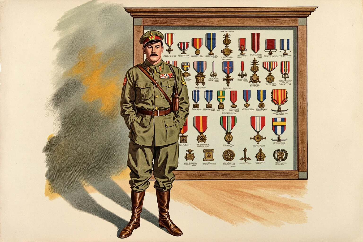 Illustrated mid-20th-century soldier in World War II uniform standing before a military medal display