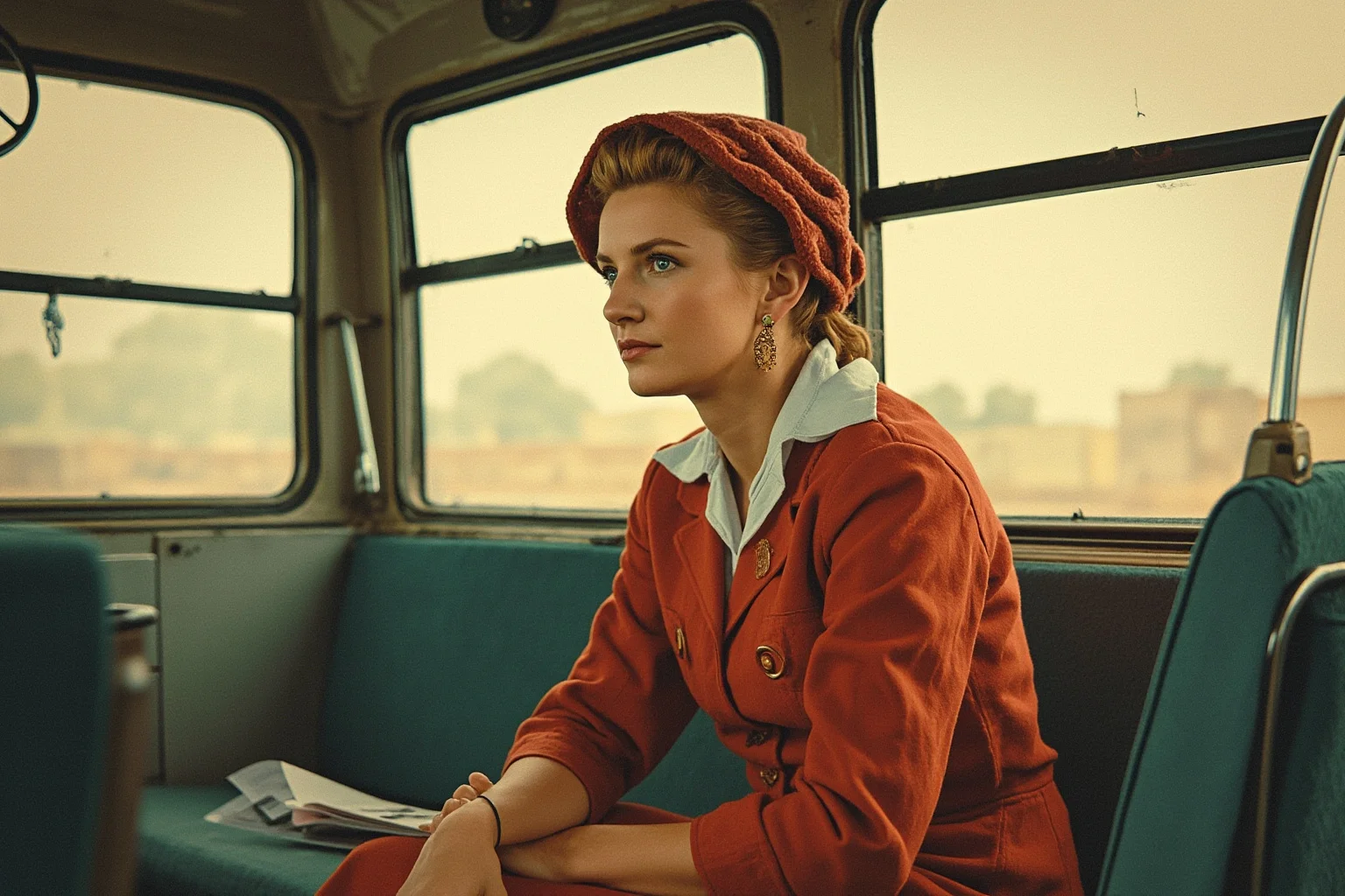 25 Vintage Baby Names Inspired by Historical Figures 22 Illustrated mid-20th-century woman sitting on a vintage bus, calm determined expression, historical style