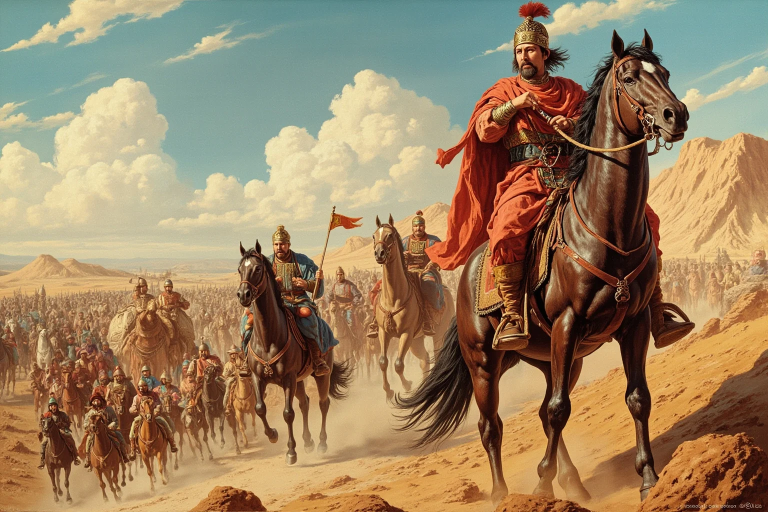 Historical Villains Who Were Actually Heroes 3 Illustrated Mongol khan on horseback overseeing a bustling Silk Road trade caravan, epic historical painting style