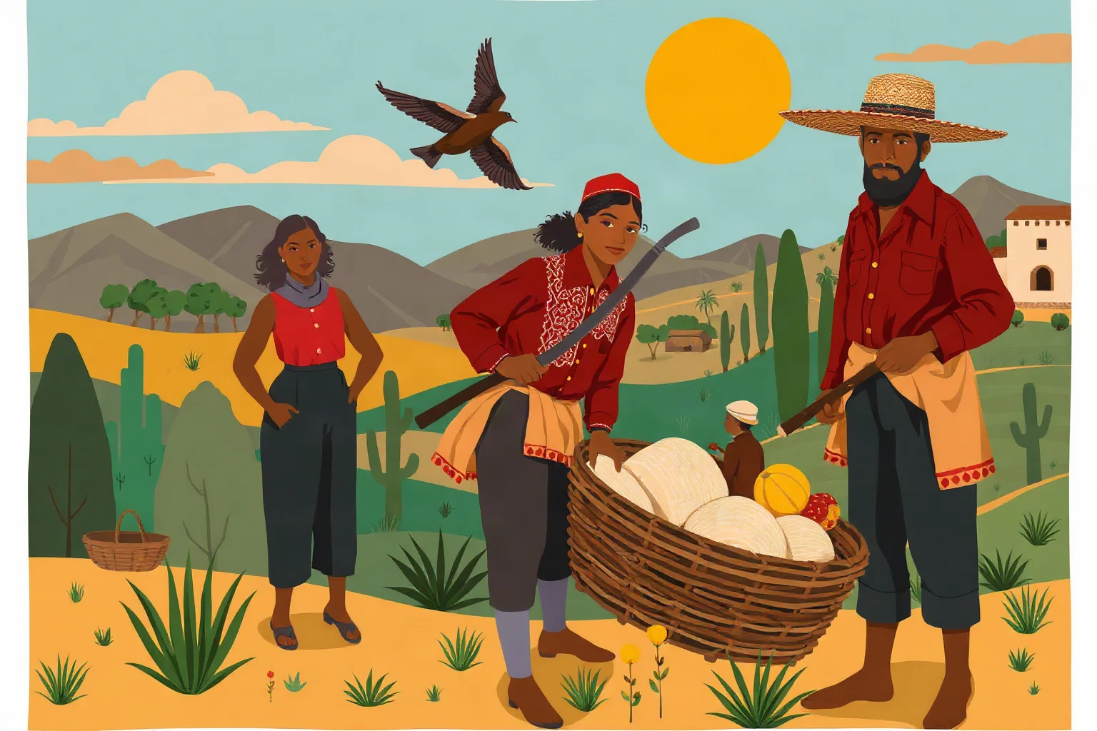 Illustrated mural-style artwork depicting Mexican workers and historical scenes in bold geometric shapes, muralism art style