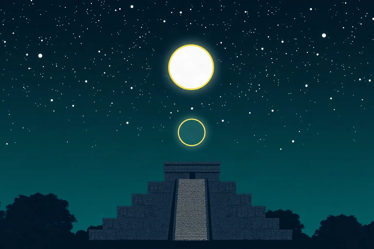 Illustrated night sky diagram with Venus and eclipse symbols above a Maya temple silhouette