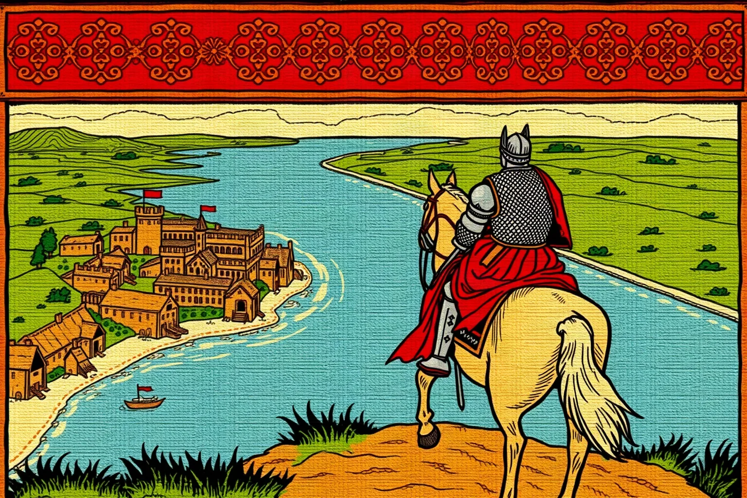 Illustrated Norman duke in chainmail armor on horseback overlooking a coastal battlefield, medieval tapestry style