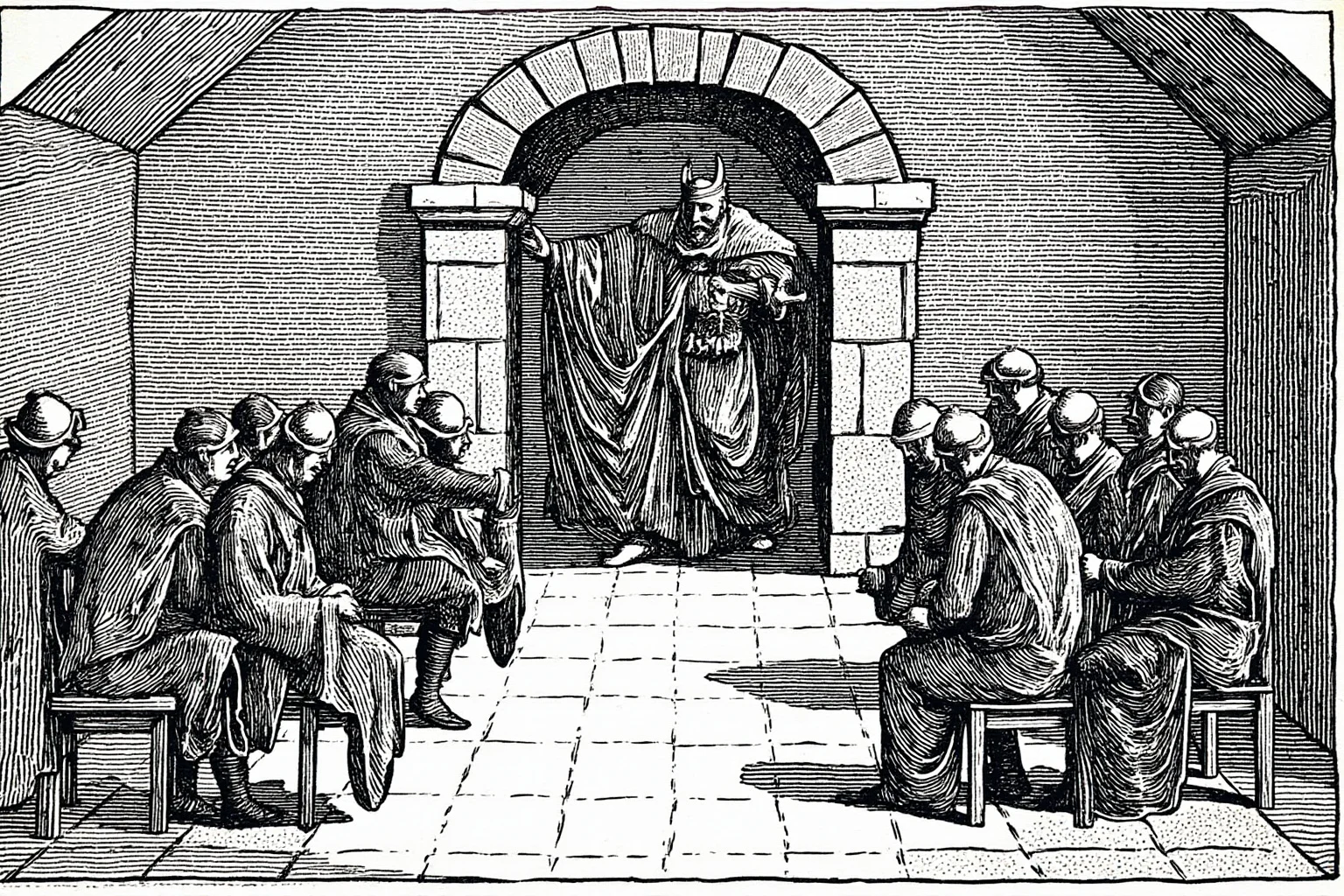 Best Insults in History: 23 Legendary Put-Downs and the Stories Behind Them 7 Illustrated Norse feast hall scene with a trickster figure standing and gesturing at seated robed figures