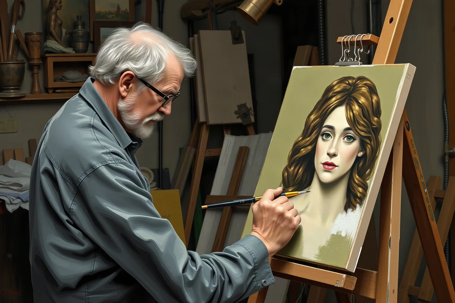 Illustrated Northern European painter in a workshop carefully painting a detailed portrait panel with oils