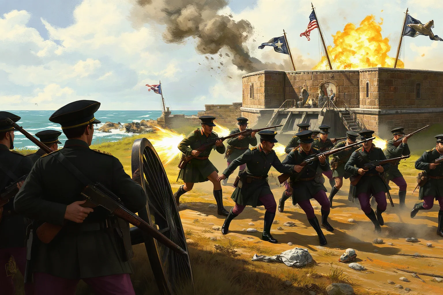 Illustrated painting of a Civil War infantry regiment charging a coastal fort under cannon fire, 1860s Union uniforms, dramatic historical art style