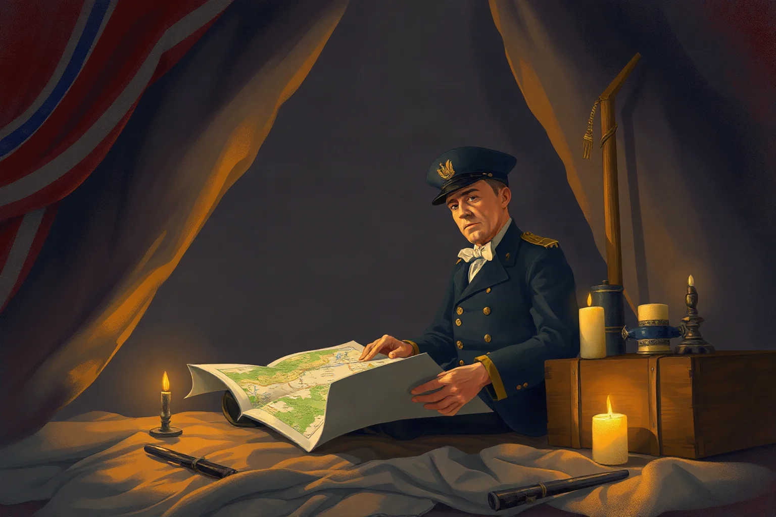 Illustrated painting of a Civil War Union general studying a battle map inside a command tent, candlelight, historical art style