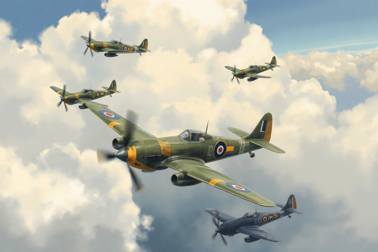 Illustrated painting of a formation of World War II fighter planes escorting bomber aircraft through cloudy skies, historical art style