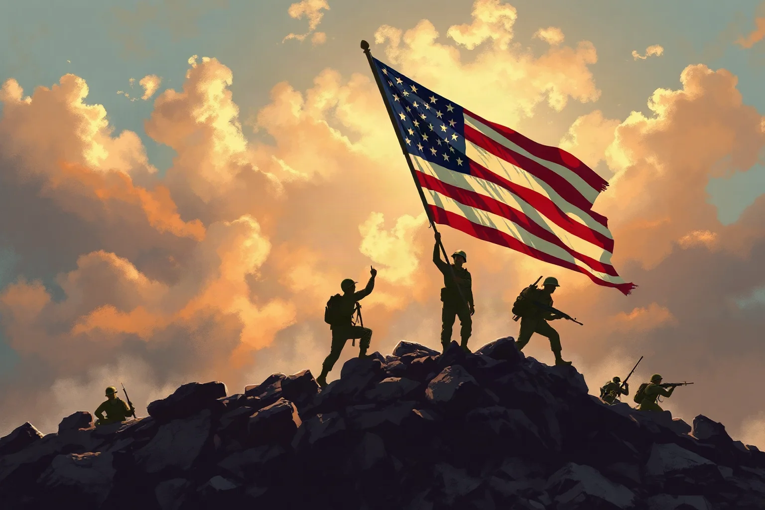 Illustrated painting of a group of World War II Marines raising a large American flag atop a rocky volcanic hill, historical art style