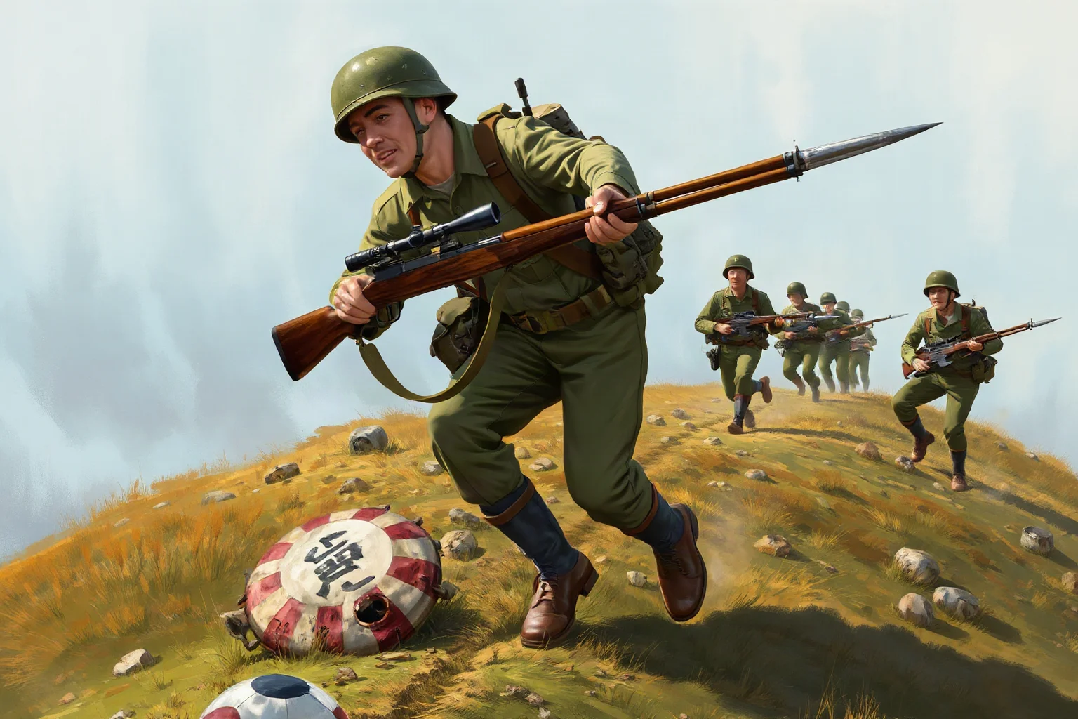 Illustrated painting of a Korean War soldier leading a bayonet charge up a hillside under fire, 1950s military uniforms, historical art style