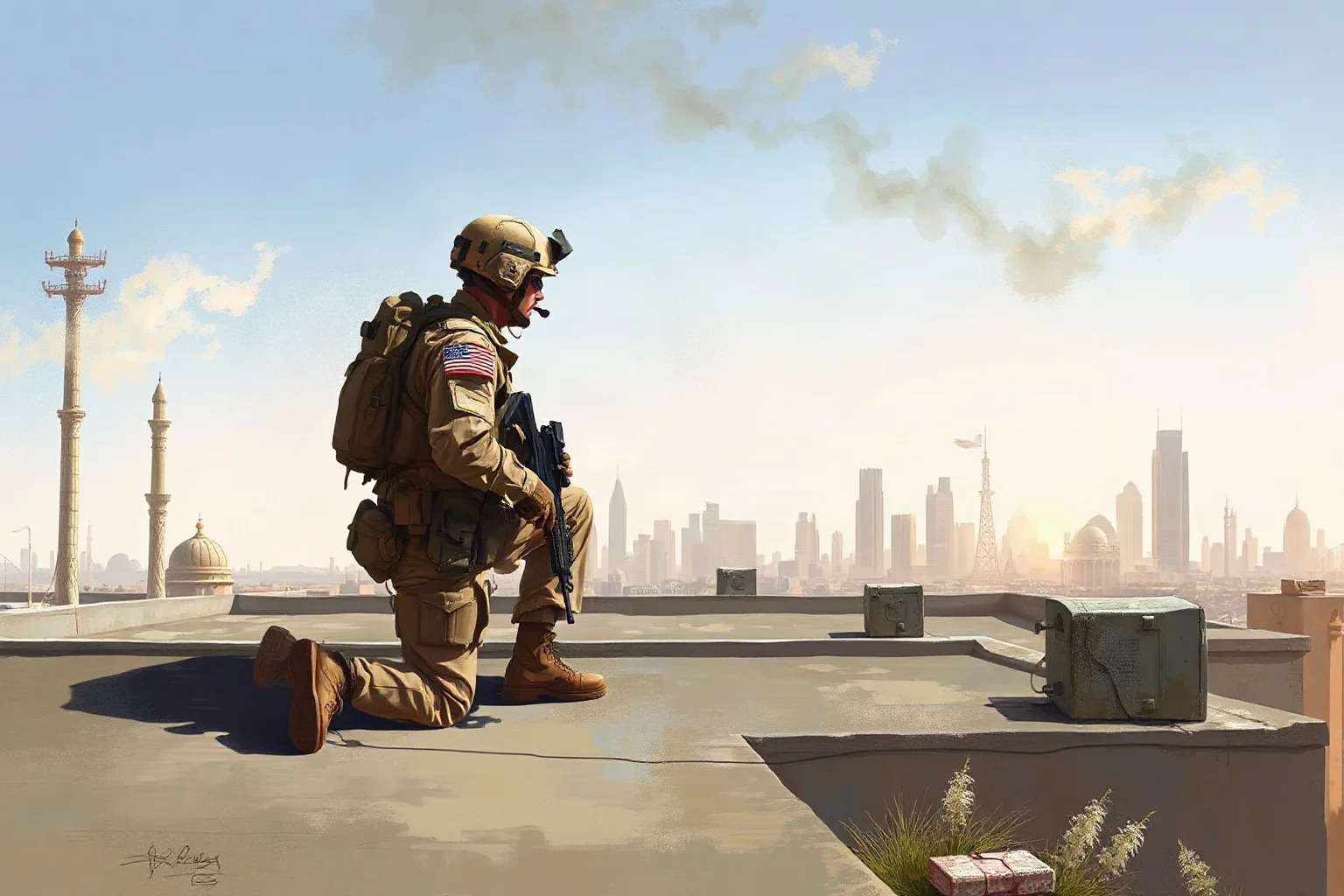 Illustrated painting of a modern American soldier in desert camouflage kneeling on a rooftop overlooking a Middle Eastern city skyline