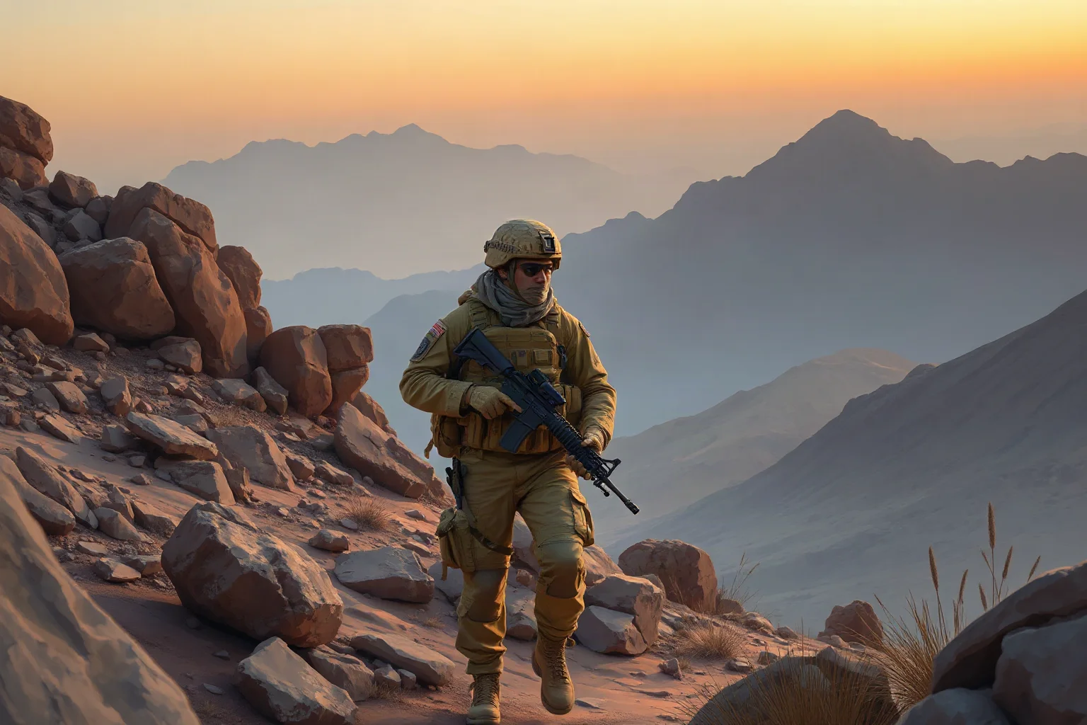 Illustrated painting of a modern American soldier in desert combat gear walking through a rocky Afghan mountain landscape at dusk